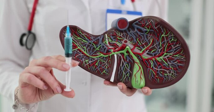 Liver anatomy syringe and hepatitis treatment in clinic