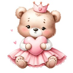 Baby Bear Princess in pink dress holding a heart Watercolor clipart