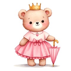 Baby Bear Princess in pink dress holding an umbrella Watercolor clipart