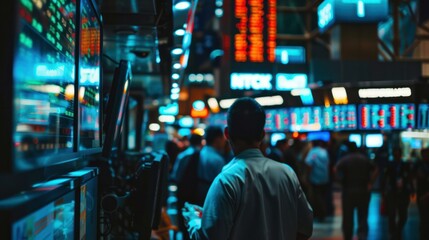 bustling stock exchange floor at night, with traders eagerly watching the screens as the market closes for the day.  