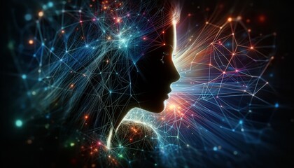 A woman's silhouette intertwined with digital connections against a gradient of deep indigo to black