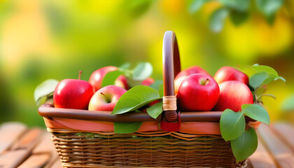 A basket of  fresh red apples on a wooden table with a blurred green background