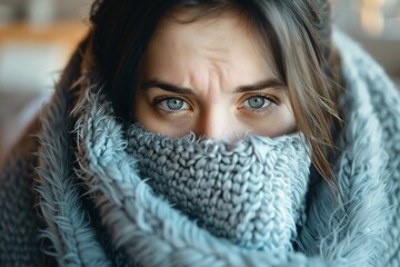 Sick woman wrapped in blanket with tissue blowing nose on sofa at home. Cold symptoms