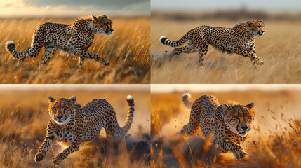 A sleek cheetah sprinting across an open African savannah
