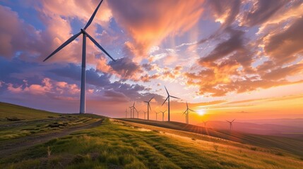   wind turbine farm set against a vibrant sunrise, with the blades gracefully capturing the wind energy.  