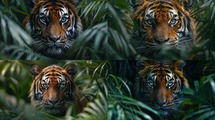 A stealthy tiger prowling through a dense jungle undergrowth