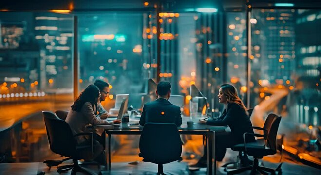  five specialists engaged in a dynamic discussion, surrounded by glass transparent boards, mind maps, coffee, books, and sketches, against the backdrop of a city skyline