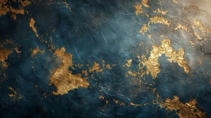 Black and gold wallpaper. Grunge wall art design with dark blue and green colors, shiny golden light texture. Modern mural. Modern illustration.