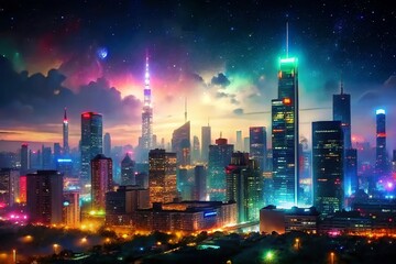 colorful city lights twinkling against the dark sky, creating a vibrant and dynamic background