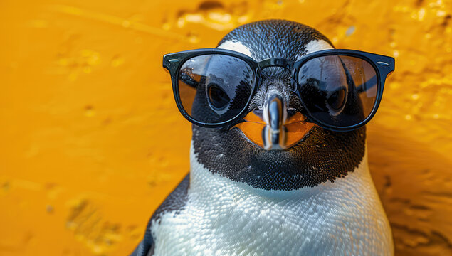 A penguin wearing black sunglasses, cute and funny, with an orange and white background. Created with Ai