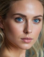 Fototapeta premium a moment captured from a daily beauty ritual, where a caucasian woman with striking blue eyes