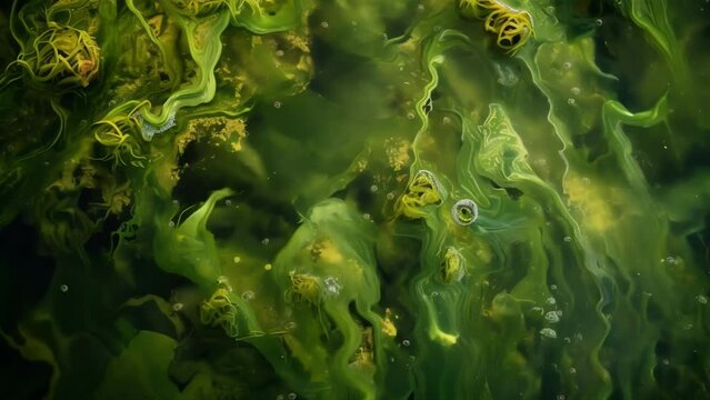 A chaotic tangled mass of green and brown algae extending in all directions and engulfing other aquatic plants in its path. . AI generation.