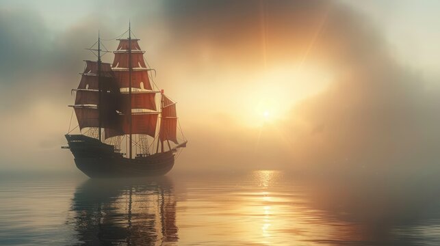  Chinese junk ship sailing through a misty bay at sunrise, with the sun's rays illuminating the sails and creating a warm glow on the water surface.  