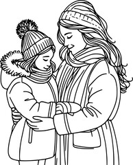 Illustration hand drawn mother and child wear winter clothing , mother love her child