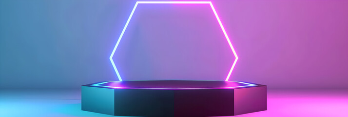Abstract background with metal shape podium and neon for product