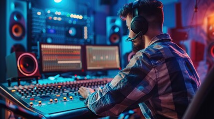Obraz premium A male artist in a soundproof studio recording music with a computer mixing desk and audio engineer. Concept Music Production, Recording Studio. copy space for text.