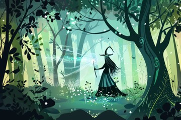 Cartoon cute doodles of a mystical forest under the protection of a powerful sorceress, her wand glowing with magical energy, Generative AI - obrazy, fototapety, plakaty