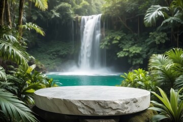 stone podium table top in outdoor waterfall green tropical forest nature