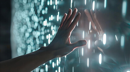 A contemplative image capturing a hand touching a glass window with its reflection and streams of light pouring through.
