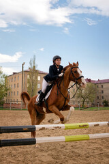 Rider jumping horse over obstacle, equestrian sport.