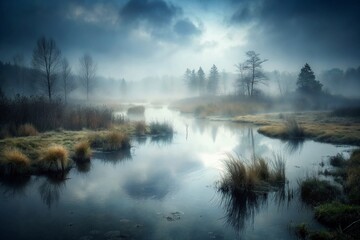 ethereal and mysterious atmosphere created by the mist rising from the water for a moody and evocative background