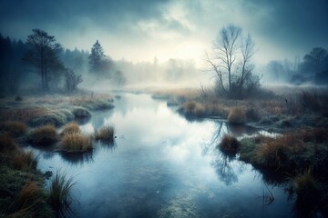 ethereal and mysterious atmosphere created by the mist rising from the water for a moody and evocative background