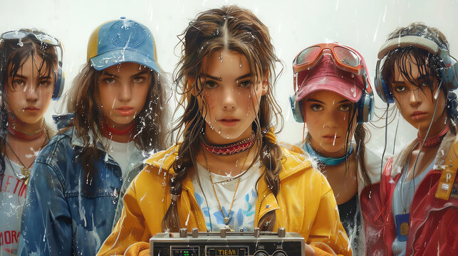 A group of teenagers in 90s sportswear gathered around a boombox, painted with dynamic watercolor splashes