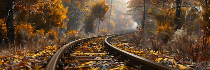 A train tracks with leaves on the ground