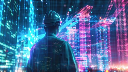 Construction, Engineering Professional Gazing at Holographic Blueprint Amidst Urban Twilight