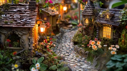 Fototapeta na wymiar Enchanting Miniature Village Scene with Tiny Houses and Lanterns