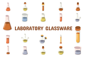 Laboratory Glassware Flat Vector Illustration Icon Sticker Set Design Materials