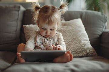 Cute little toddler girl playing with tablet pc at home. Healthy baby touching pad with fingers, looking cartoons and having fun with educational games on computer. Early development concept