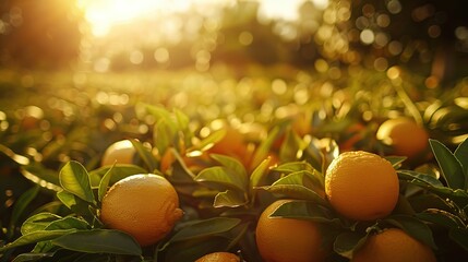 Fresh citrus delight in a sunlit field. image of orange garden. copy space for text.