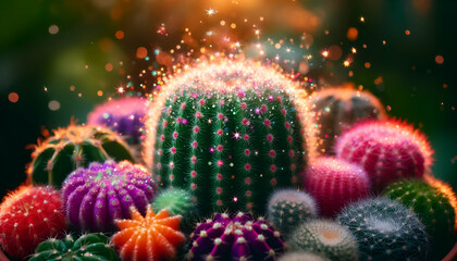 Close-Up of Vibrant Cacti with Sparkles and Texture Detail - Wall Art, 4K Wallpaper, Poster, Background

