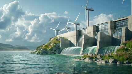 tidal power plant harnessing the energy of rising and falling tides to generate electricity, with turbines integrated into a scenic coastline.