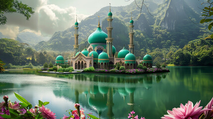 A verdant mosque with a green dome and minarets stands amidst a lush flower garden, backed by a lake and mountains.