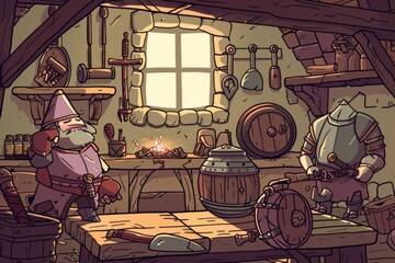 Cartoon cute doodles of a humble blacksmith forging weapons and armor for the knights of the kingdom in his bustling workshop, Generative AI - obrazy, fototapety, plakaty