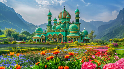 A verdant mosque with a green dome and minarets stands amidst a lush flower garden, backed by a lake and mountains.