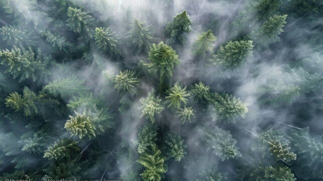Aerial view pine tree forest foggy morning, top view nature outdoor evergreen landscape.