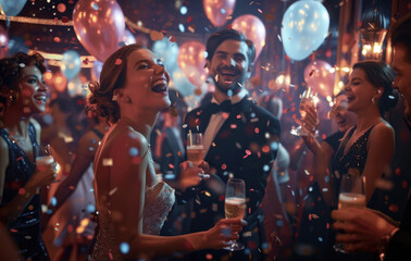 A photo of a group of people at an elegant party, with confetti flying around and smiling women in black dresses standing next to men wearing tuxedos who are laughing - Powered by Adobe