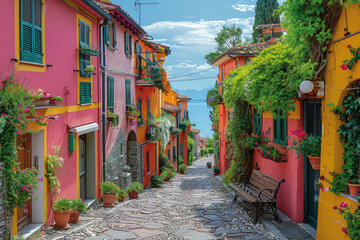 A picturesque street in the village of Nolone, with colorful houses and greenery, overlooking Lake Como's blue waters. Created with Ai
