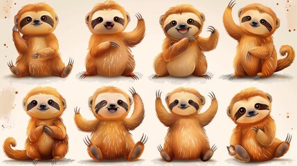 Naklejka premium The cutest sloth modern in different poses. Lovely wildlife and friendly sloth doodle patterns with flat color. A hand drawn collection of many fascinating characters on white background.
