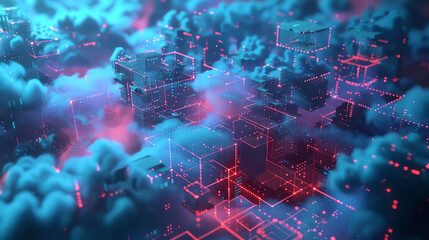 A 3D rendering of a cloud server depicted as a luminous, interconnected web of data circuits and floating server blocks in a digital cyberspace. - obrazy, fototapety, plakaty