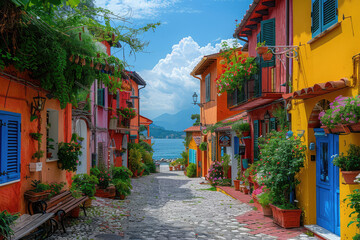 Fototapeta na wymiar Colorful houses along the street with a lake view in a product photo, colorful buildings. Created with Ai