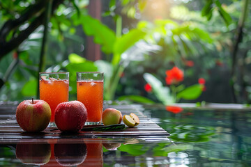Generative AI Image of Summer Holiday with Fresh Apple Drink by the Swimming Pool in Hotel