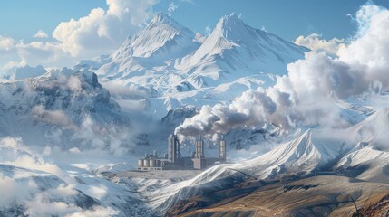  stunning illustration of a geothermal power plant harnessing the Earth's heat to produce electricity, with steam plumes rising against a backdrop of snow-capped mountains. 