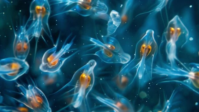 A group of rotifers seen from above forming a mesmerizing pattern under the microscope. The multicellular organisms are swimming in . AI generation.