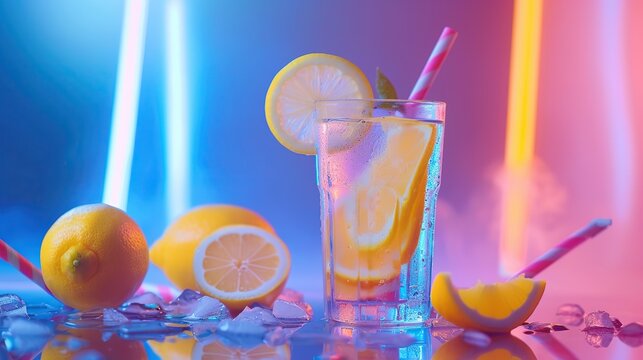 Neon Lemonade background with copy space. image of welcome drink. copy space for text.
