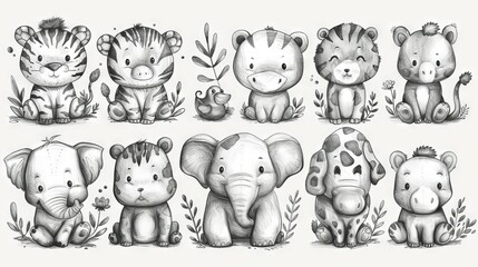Fototapeta premium An adorable collection of cute animal moderns with tigers, zebras, elephants, crocodiles and other characters drawn on a white background.