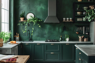 Contemporary modern kitchen interior in dark green colors and concrete elements.